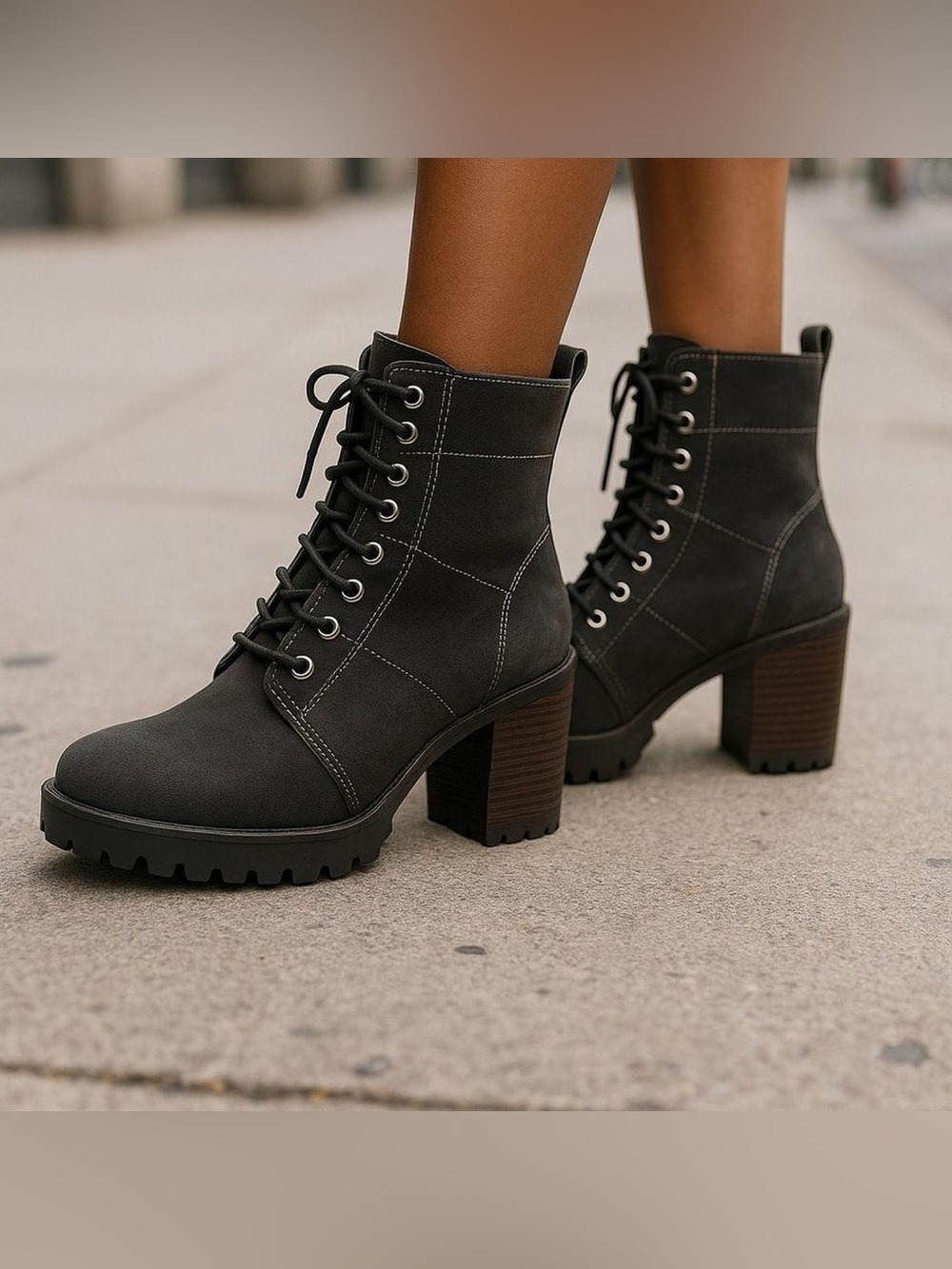 Dolce Vita Lace-Up Block Heel Ankle Boots - Charcoal Gray